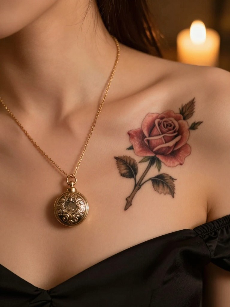 Extreme close-up of a rose tattoo on a woman's collarbone, with a tiny ornate locket hanging from the stem by a delicate chain. She wears a simple black top. Warm, intimate candlelight.