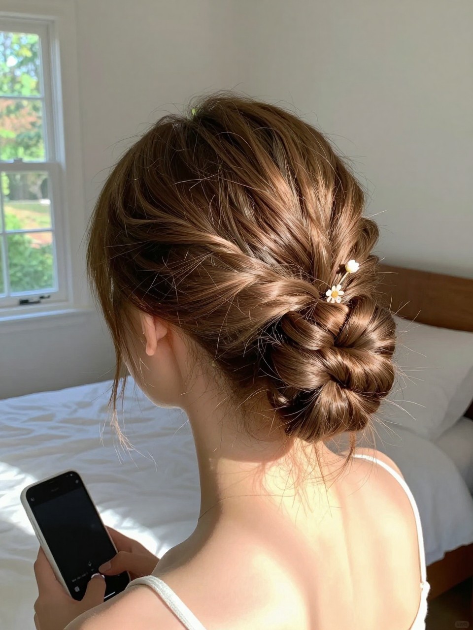 Photo of a white girl wearing a twisted halo updo, back-of-head view showing the twists meeting at the back, in a sun-drenched bedroom with natural window light, containing a flower pin tucked into the twist, iPhone photo quality.