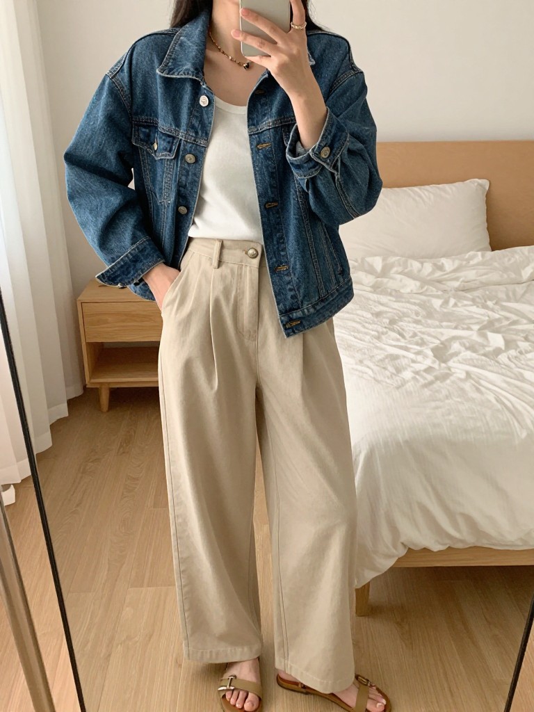 iPhone mirror selfie of a woman in a denim jacket over a white tank with beige wide leg pants and tan sandals, one hand in jacket pocket, cropped at NECK so face doesn't show, in a sunlit feminine-themed bedroom, warm moody lighting, iPhone photo quality.