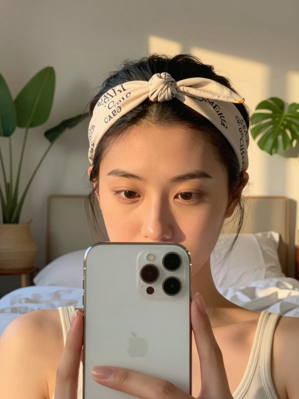 Photo of a woman wearing a bandana headband, front-facing view showing the knot at her hairline, setting is a sun-drenched bedroom with plants in the background, golden hour light, containing her hand adjusting a wave, iPhone photo quality.