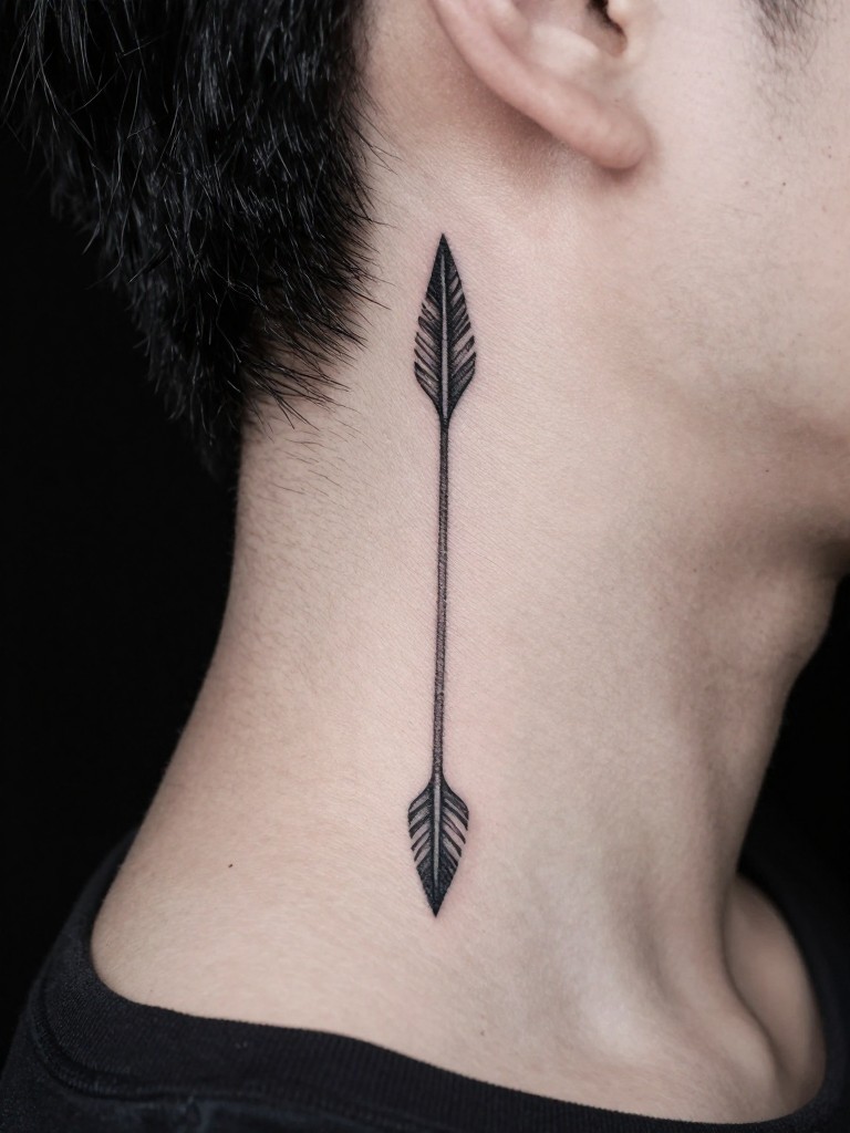 "Direct nape shot of a thin, straight arrow tattoo pointing up the neck. The fletching (feathers) at the base is minimalistic. Crisp, high-contrast image."