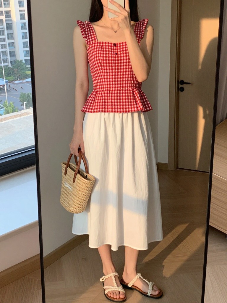 iPhone mirror selfie of a woman in a red gingham top and white skirt with braided sandals, holding a straw bag, cropped at NECK so face doesn't show, in a city apartment, evening golden hour, iPhone photo quality.