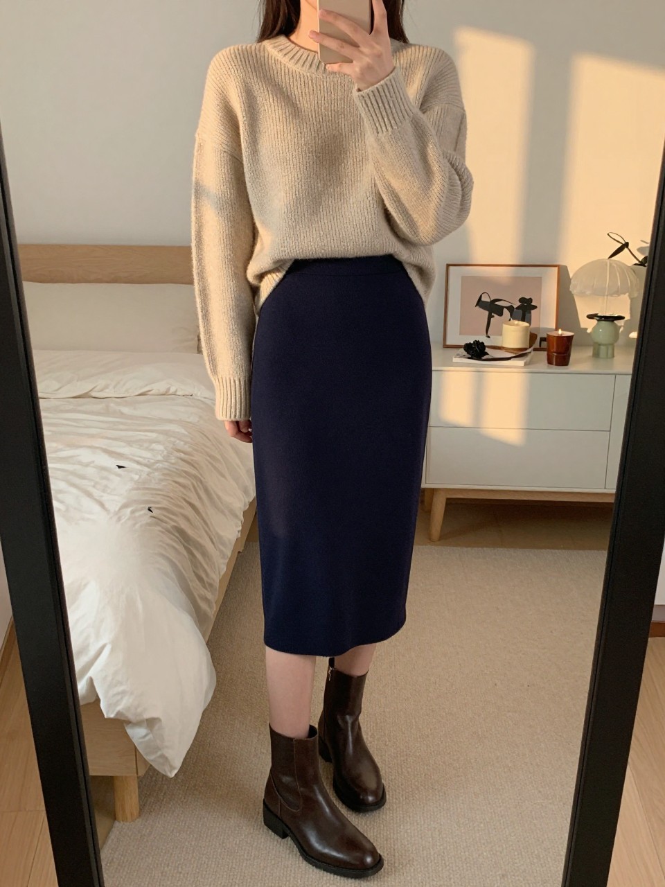 iPhone mirror selfie of a woman in an oatmeal chunky sweater tucked into a navy bias-cut skirt with leather ankle boots, standing with weight on back foot, phone held low, cropped at NECK so face doesn't show, in a feminine-themed bedroom, evening golden hour, iPhone photo quality.