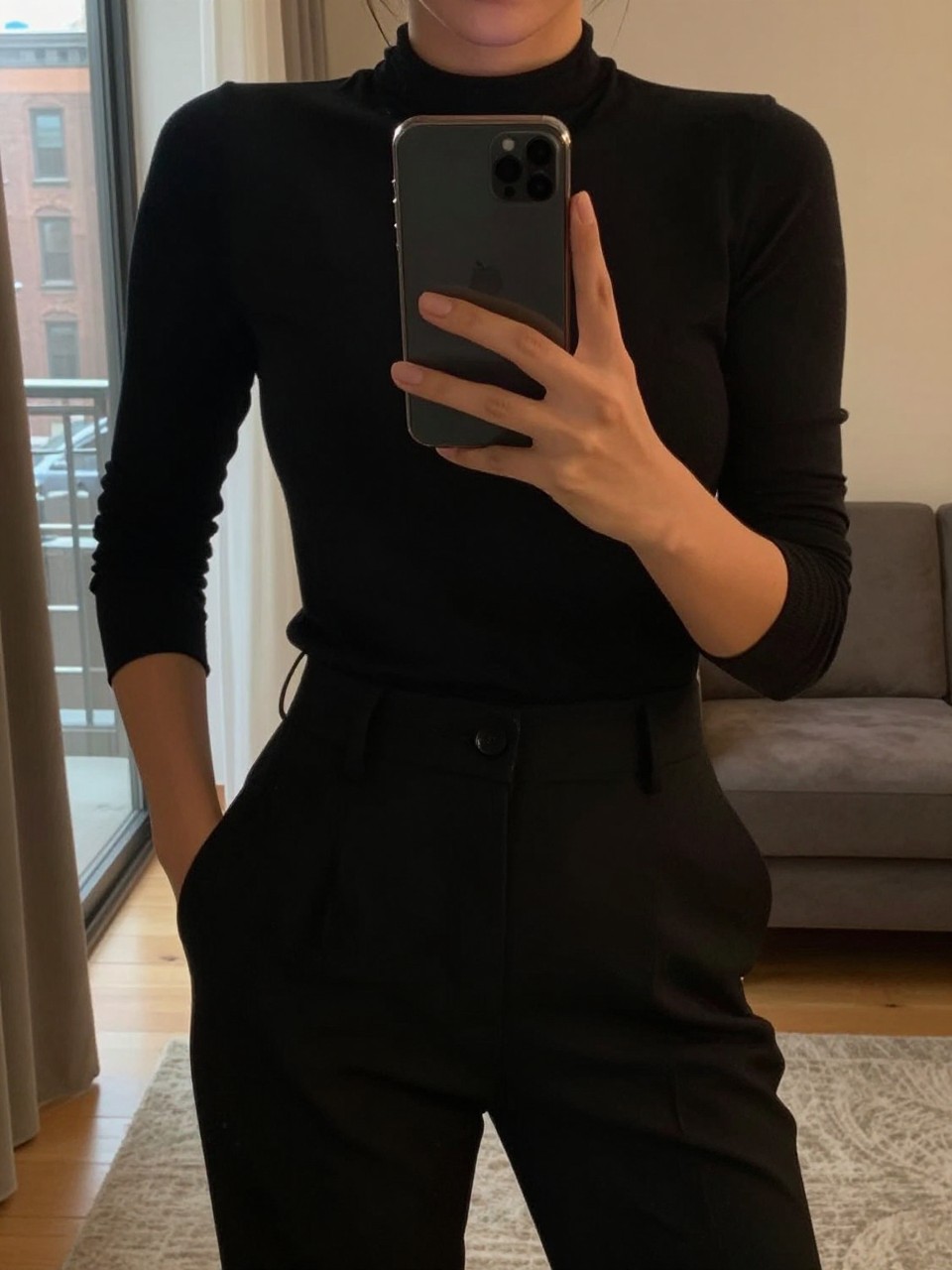 iPhone mirror selfie of a woman in an all-black outfit, holding her phone at chest level, one hand in her pocket, cropped at NECK so face doesn't show, in a sunlit city apartment, warm moody lighting, iPhone photo quality.