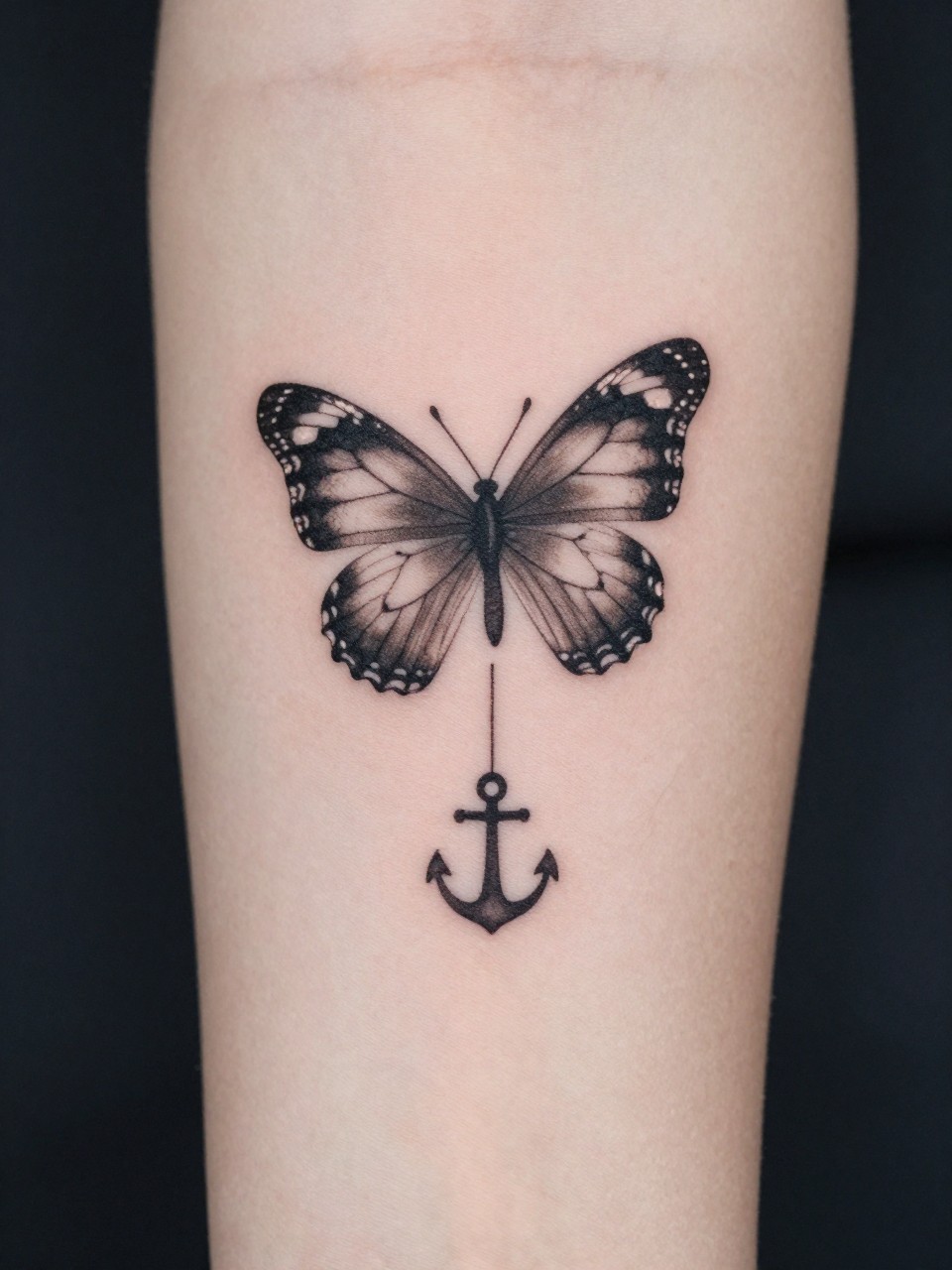"Detailed shot of a calf tattoo: a butterfly in flight, a tiny semicoloon 'anchor' dangling from a thin thread below it. Sense of carrying it willingly."