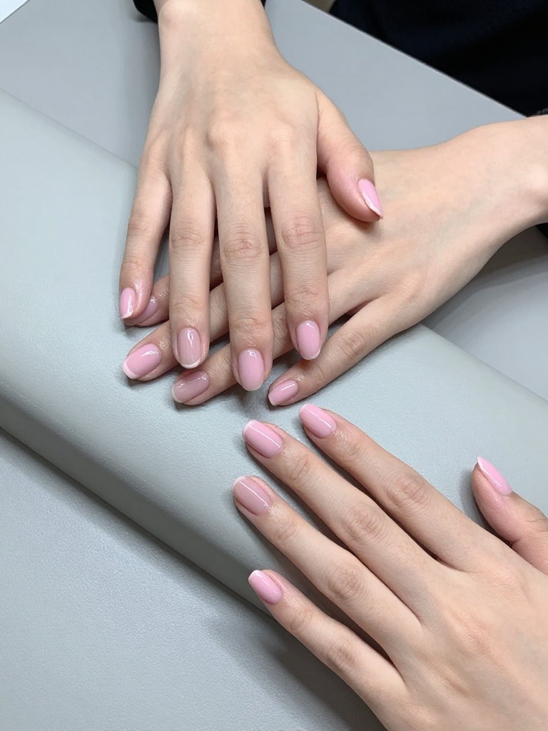 Overhead shot of hands on a sleek, grey hotel desk. The squoval nails are a soft pink. The half-moon at the base is left natural, creating a clean geometric shape. The lighting is cool and modern.