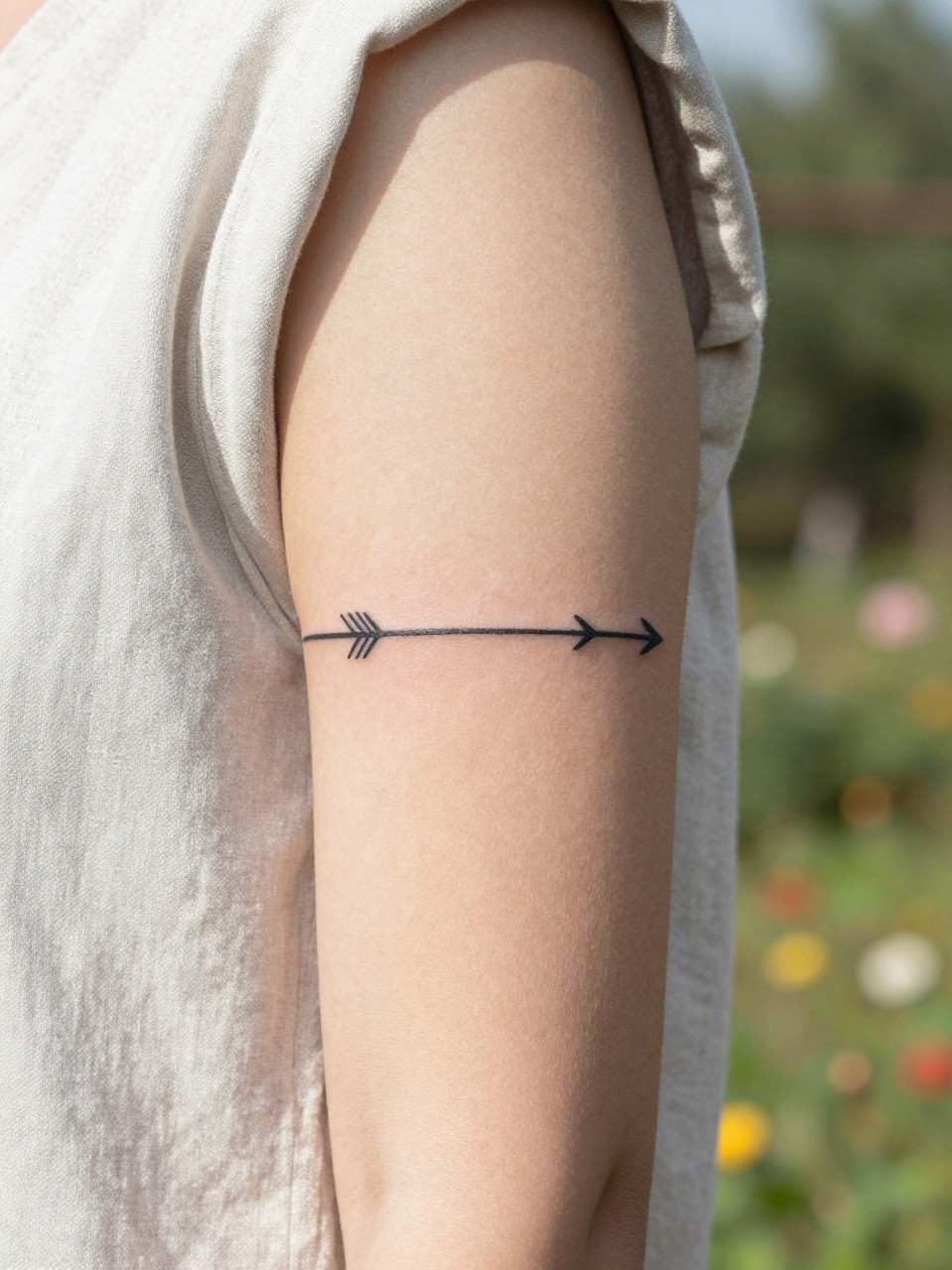 Image Prompt: "Macro shot of an arrow cuff tattoo on the upper arm. Tiny fine-line arrows point forward, wrapping continuously. The person wears a sleeveless linen top. Bright, sunny outdoor light with a blurred garden background."