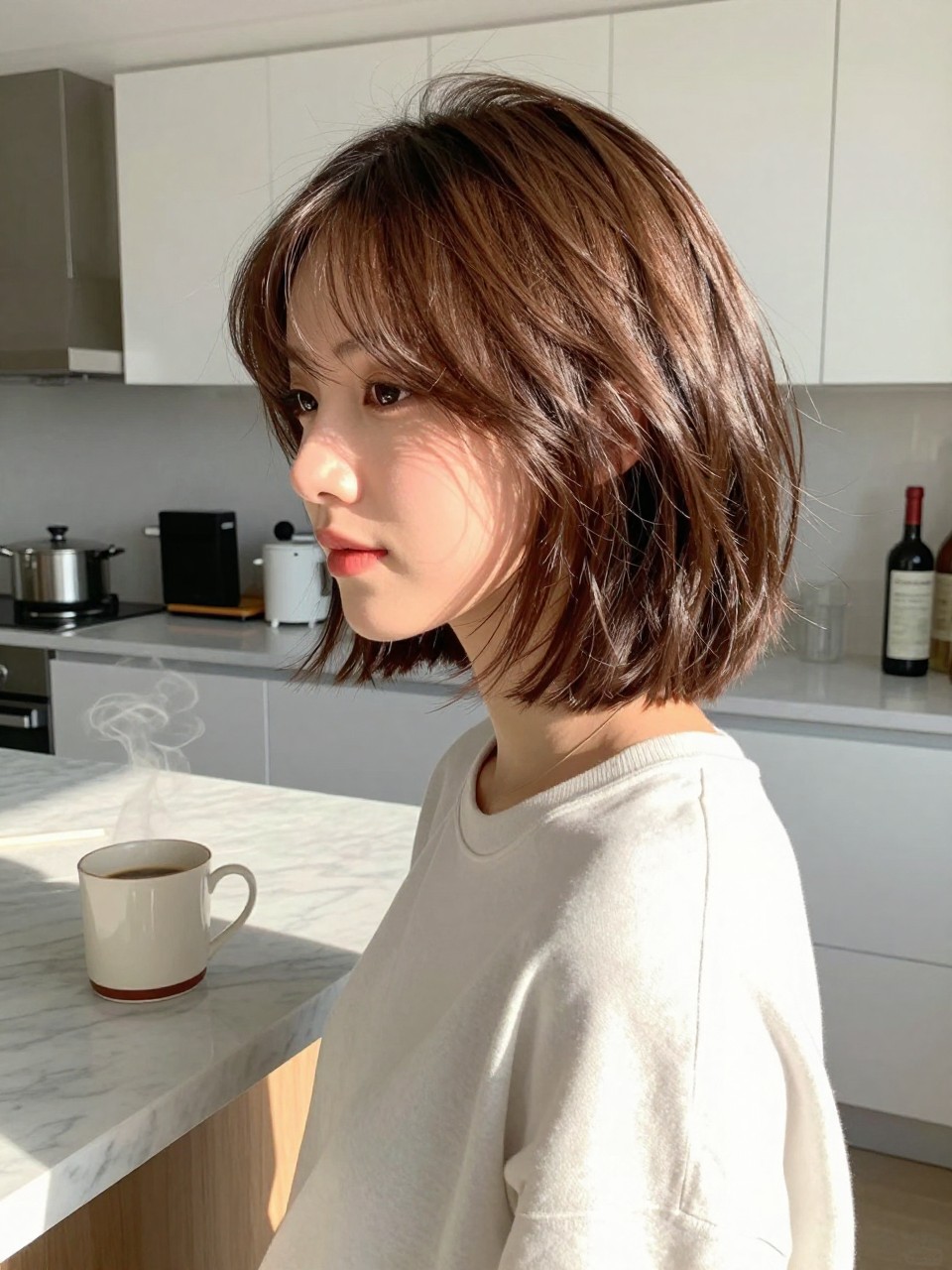 Photo of choppy bob with face-framing layers, three-quarter angle highlighting cheekbones, in a sunlit kitchen with marble countertops, bright morning light, containing a steaming coffee mug on the counter, iPhone photo quality.