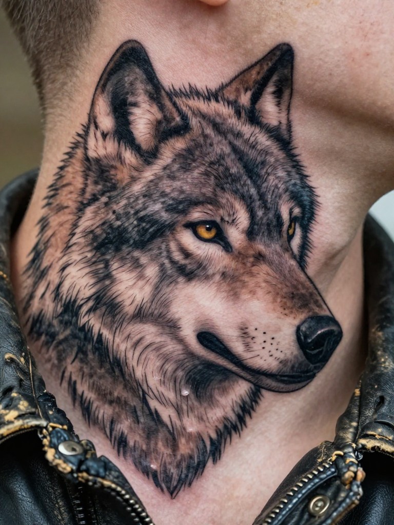 Macro shot of a realistic wolf head tattoo on the side of the neck. The detail in the fur and the eye is the sharp focus. He is wearing a worn-in leather jacket collar just visible. Soft, natural light that still shows the texture and shading of the design.