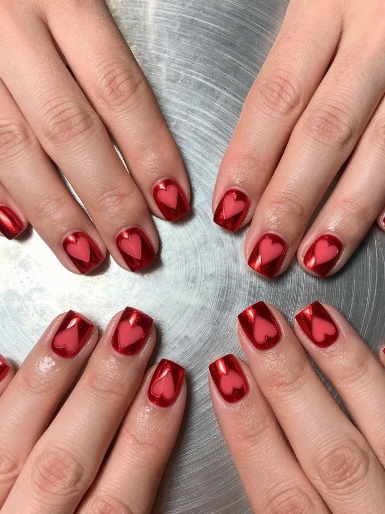 Bird's-eye view of hands with short, square nails on a brushed steel surface. The nails are a shiny, metallic scarlet. On each nail, a heart has been precisely scratched into the surface, revealing a matte underlayer in the same color tone. Harsh, direct light shows off the stark texture contrast. The vibe is industrial and futuristic.