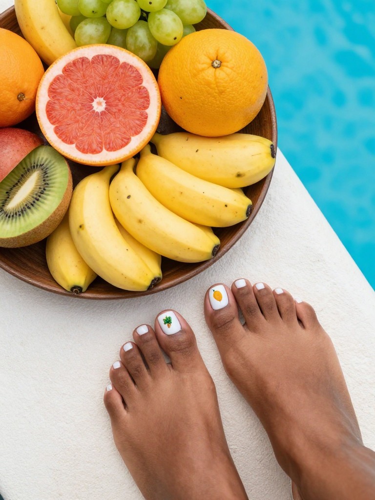 Birds-eye view of a black woman feet near a tropical fruit platter by the pool. The toenails are glossy white, each featuring a tiny, detailed painting of a different colorful fruit. The scene is bright and cheerful.
