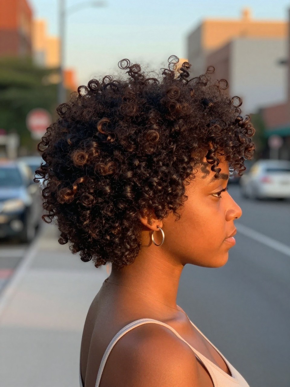 Photo of a black girl wearing a voluminous high puff hairstyle, side profile view showing the height and curl definition, set against a blurred city street background at golden hour, containing a pair of small hoop earrings peeking through, iPhone photo quality.