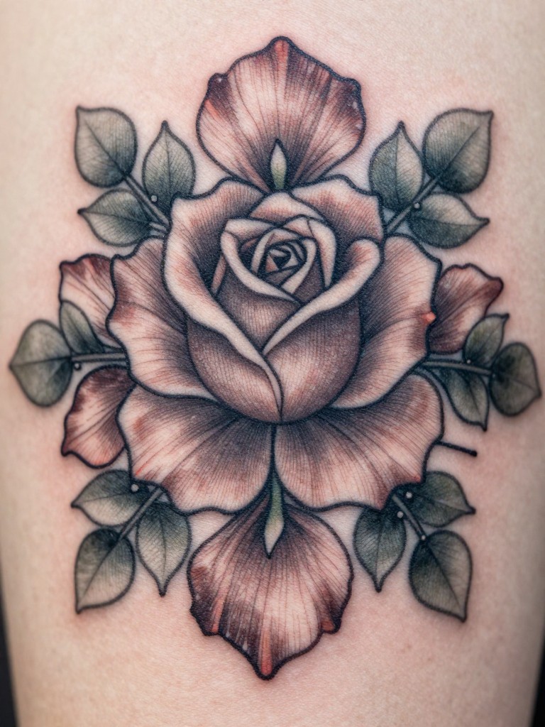 "Macro shot of the center of a floral medallion tattoo, where rose petals and eucalyptus leaves weave together symmetrically. The detail is dense and precise, radiating from a central point on the spine."