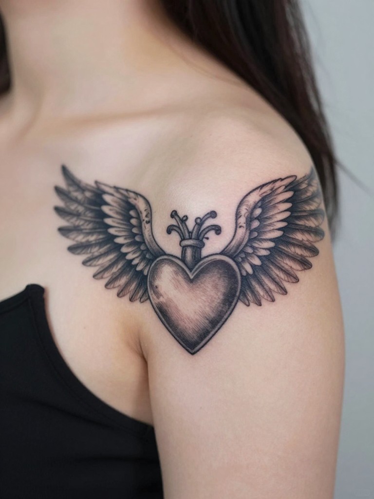 Macro shot of a heart with detailed dark wings tattoo on a woman's shoulder blade, the wings spread as if ready to take flight. She wears a black tank top. Soft, ethereal lighting.