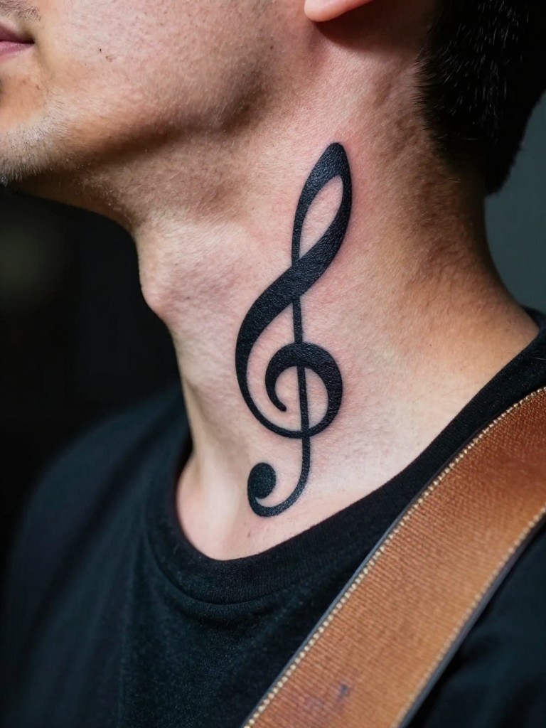 Close-up of a detailed treble clef tattoo on the side of a man's neck. The flowing lines of the symbol are the focus. He has a guitar strap visible over his shoulder. Warm, stage-like lighting that gives it a cool, artistic feel.