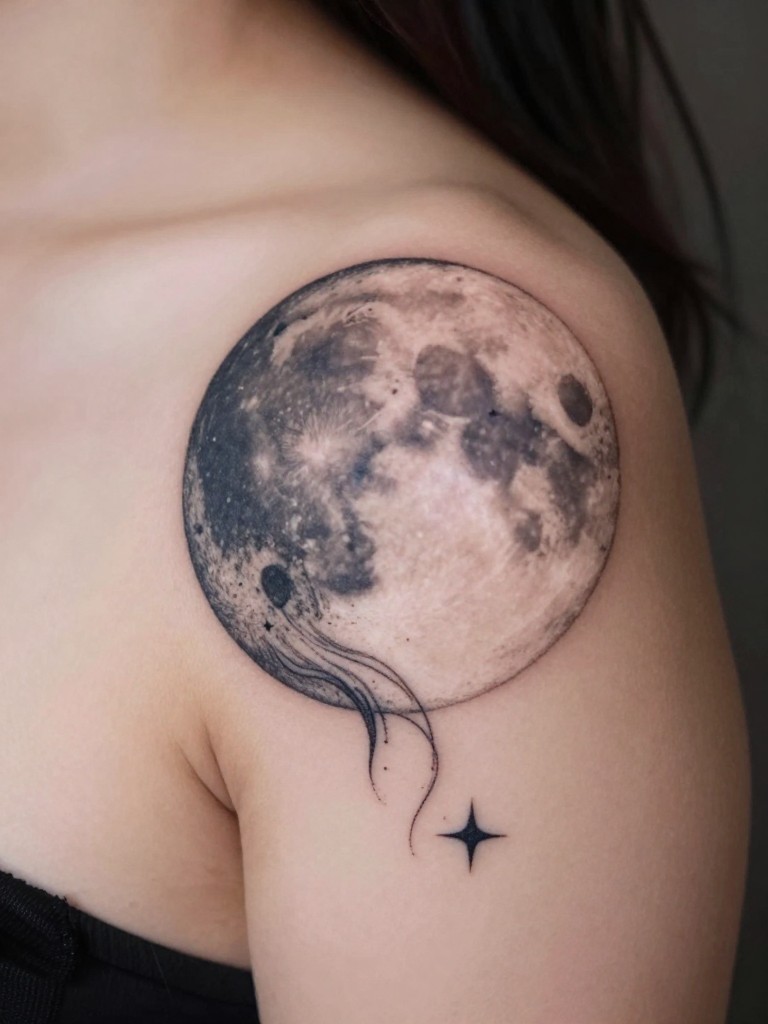 Close-up of a full moon tattoo on a woman's shoulder, with the shadows forming the sleeping profile of a woman's face, her hair trailing into tiny stars. Soft, dreamy lighting. Mystical and feminine.