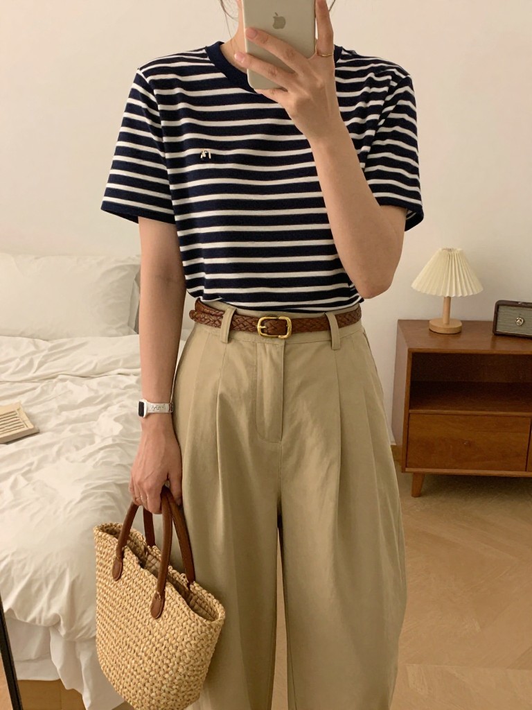 iPhone mirror selfie of a woman in a navy striped tee tucked into beige wide leg pants with a woven belt, holding a straw bag, casual pose with phone in hand, cropped at NECK so face doesn't show, in a feminine-themed bedroom, evening golden hour, iPhone photo quality.
