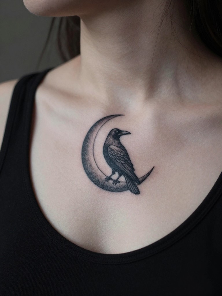 Close-up of a crescent moon tattoo with a detailed black crow perched on the top point, located on a woman's collarbone. She wears a simple black top. Moody, artistic side lighting.