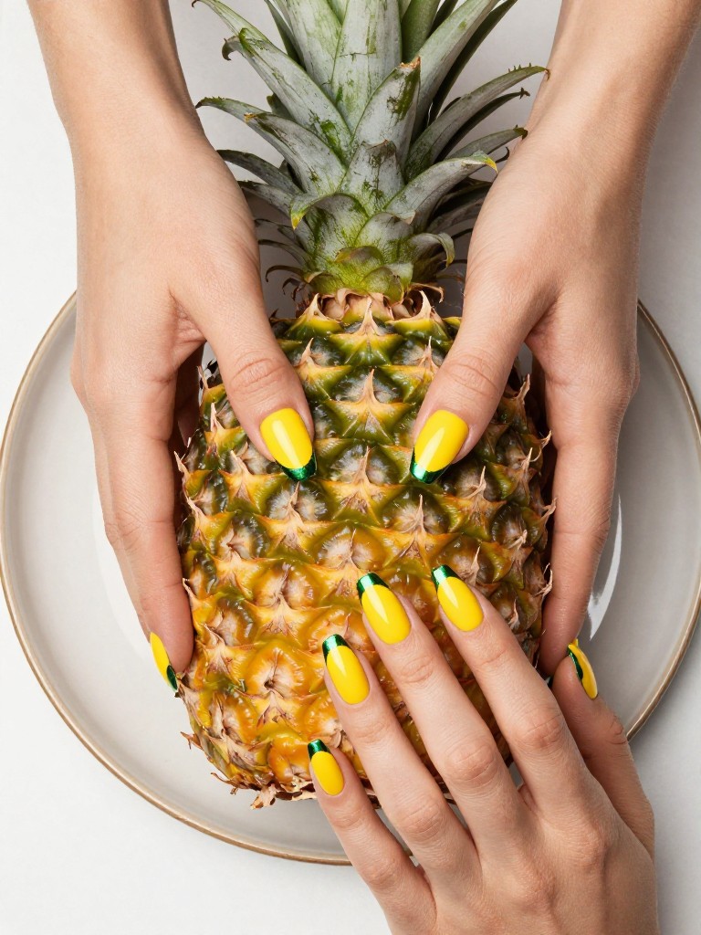  Bird's-eye view of two hands holding a fresh-cut pineapple on a ceramic plate. The nails are a glossy, bold yellow. Each nail has a jagged, metallic green tip. The colors are vibrant under kitchen lights.