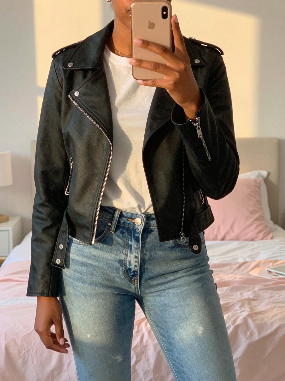 iPhone mirror selfie of a Black woman wearing a black motorcycle jacket over a white tee and jeans, posed casually with her phone in one hand, cropped at NECK so face doesn't show, in a bright feminine-themed bedroom, evening golden hour light, iPhone photo quality.