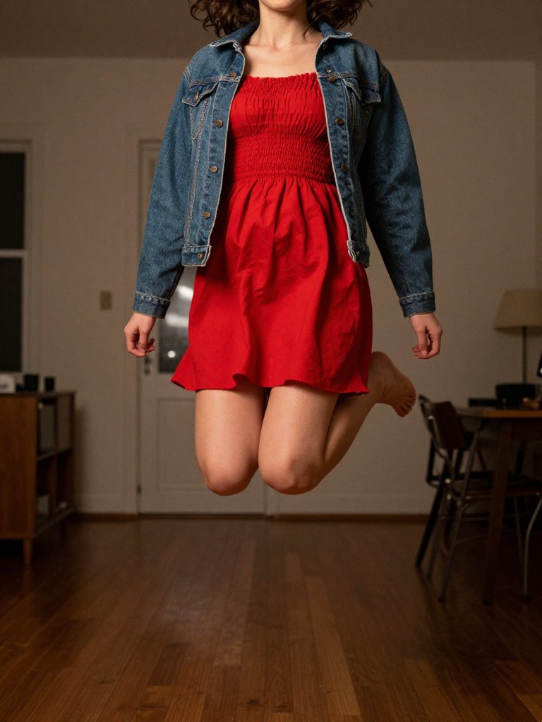 Full photo of a woman in a red shirred dress and denim jacket, jumping slightly, cropped at the neck so face doesn't show, in a city apartment, warm moody lighting, iPhone photo quality.