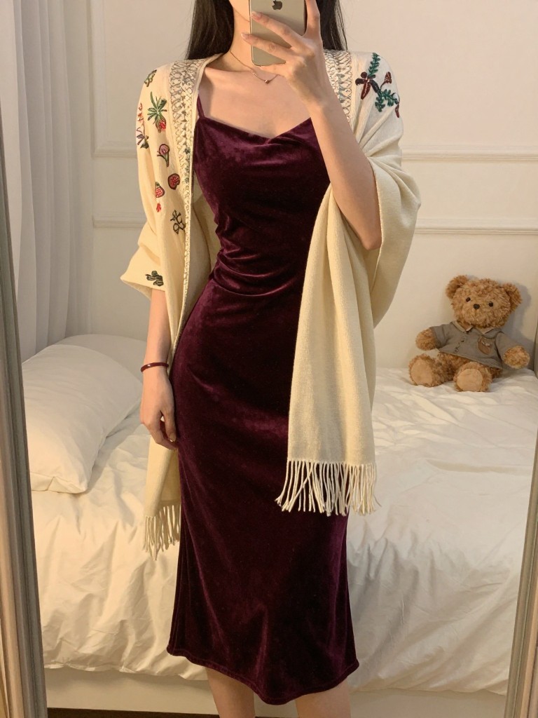 iPhone mirror selfie of a woman in a Velvet Midi Dress & Embroidered Shawl, tilting her head down slightly, cropped at the neck so face doesn't show, in a feminine-themed bedroom, evening golden hour lighting, iPhone photo quality.