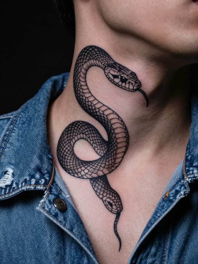 Macro close-up of a winding serpent tattoo on the side of the neck. The detailed scales and the curve of the snake's body are the sharp focus. He is wearing a simple, distressed denim jacket. Low, moody lighting that creates shadows, making the snake look three-dimensional.