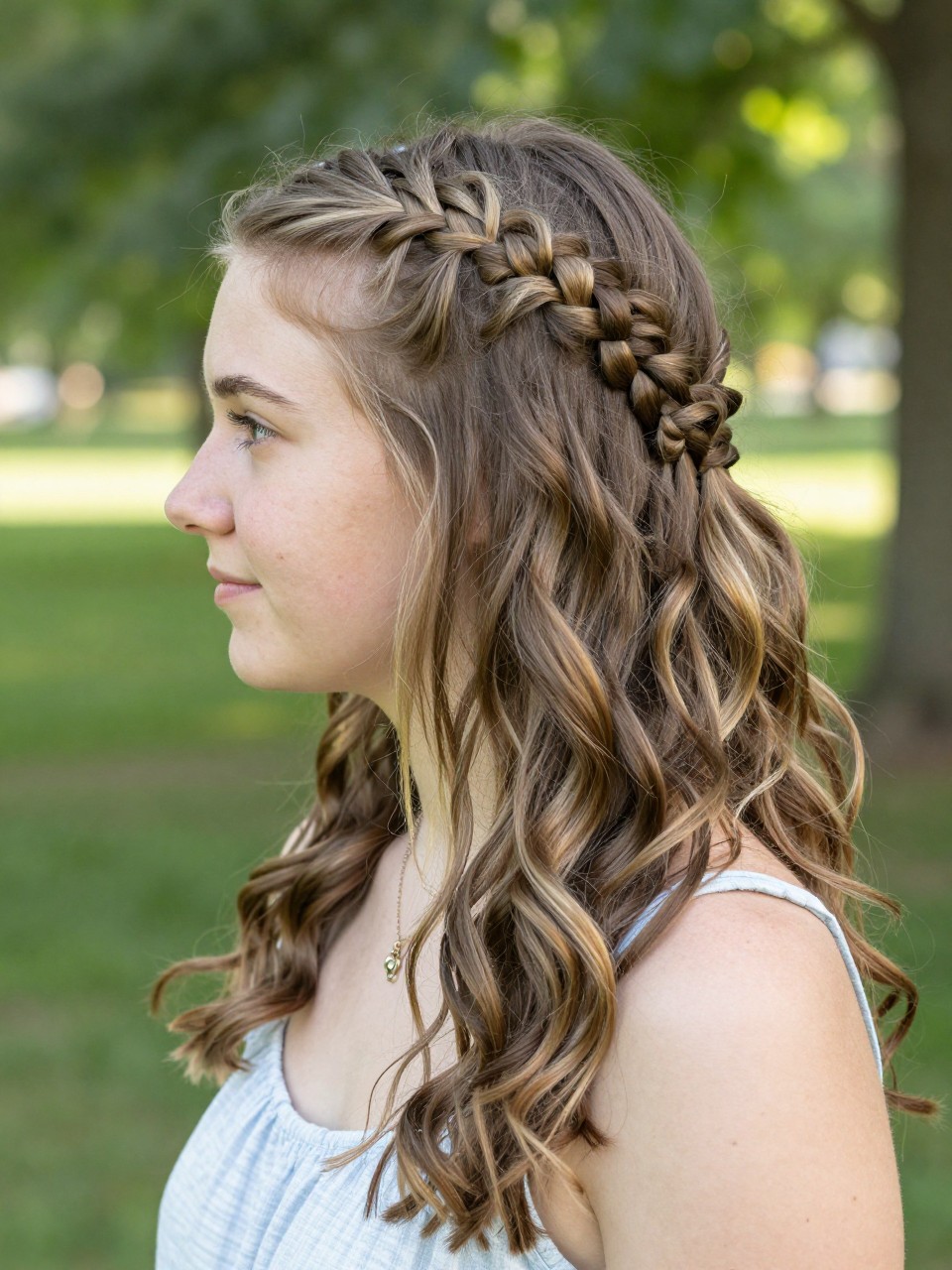 Photo of a white teen girl wearing a waterfall braid into loose waves, side profile view focusing on the braid detail, setting: a park with soft green foliage in the background, lighting: bright, natural light slightly filtered through trees, containing a dainty necklace with a small charm, iPhone photo quality.