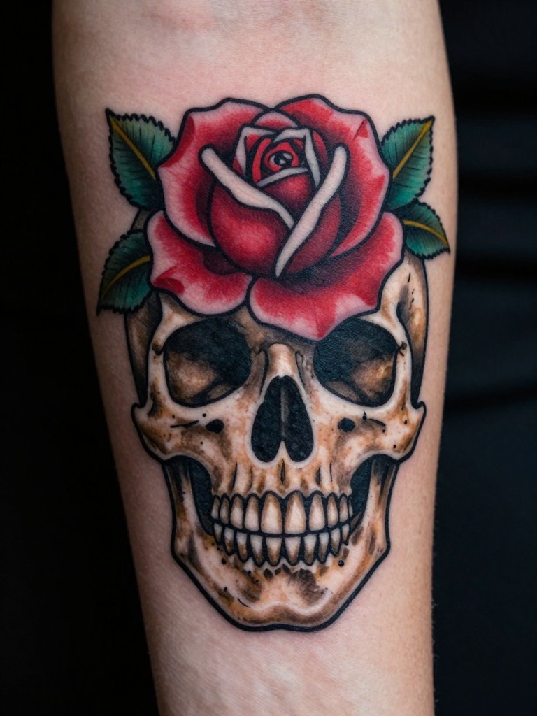 Extreme close-up of a skull and rose tattoo on a woman's forearm, with a detailed rose growing from the skull's eye socket. Moody, dramatic lighting with deep contrast. Classic and bold.