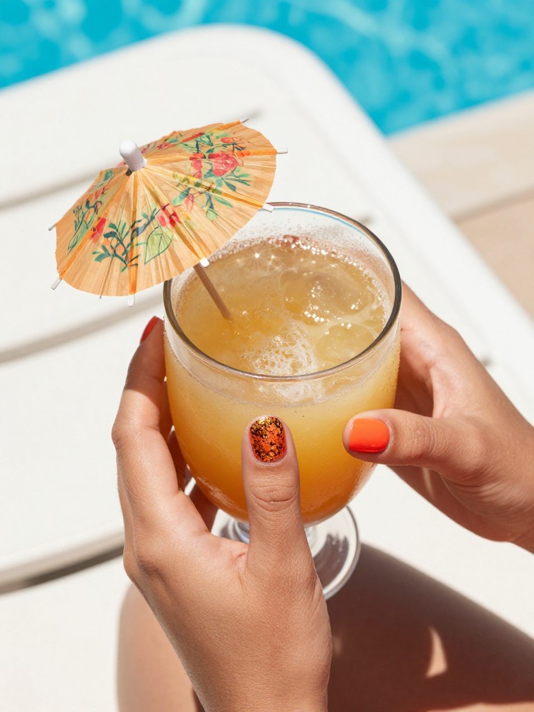 Overhead, top-down view of feminine hands with short, rounded nails holding a frosty glass of tropical juice with a tiny umbrella. The nails are a glossy, vibrant coral orange. The tips are coated in a gradient of chunky, reflective gold glitter. The setting is a bright poolside lounge chair, with sunlight sparkling on the glitter.