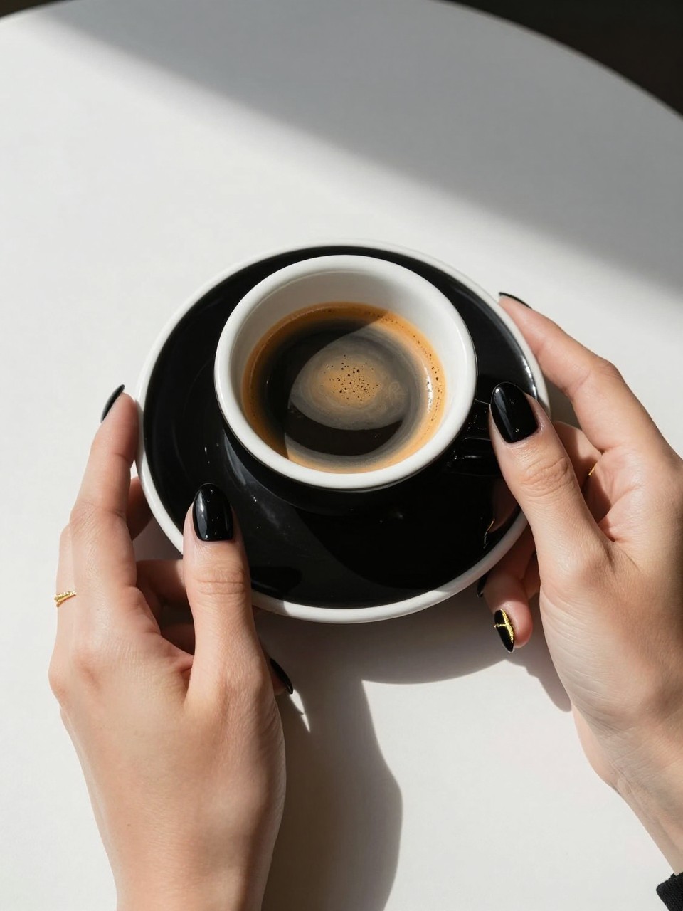 Bird's-eye view of hands holding a sleek, black espresso cup on a saucer. The almond nails are glossy black. A precise, shimmering gold line crosses each nail. The scene is a minimalist café with stark, dramatic lighting.