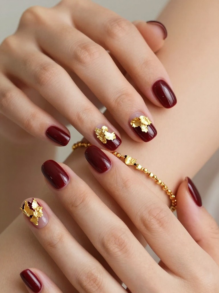 Close-up of hands under soft lighting, gold jewelry on the wrist. The gel nails are a deep burgundy. Delicate, irregular shards of gold foil are arranged like fallen petals on each nail. The light catches the foil brilliantly against the dark base.
