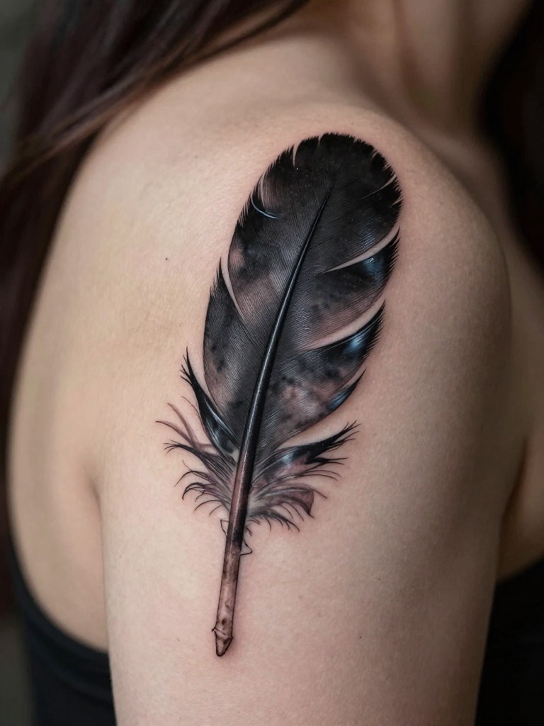 Extreme close-up of a rose tattoo with a detailed raven feather resting against its stem on a woman's shoulder blade. The feather is glossy and black. Moody, artistic side lighting.