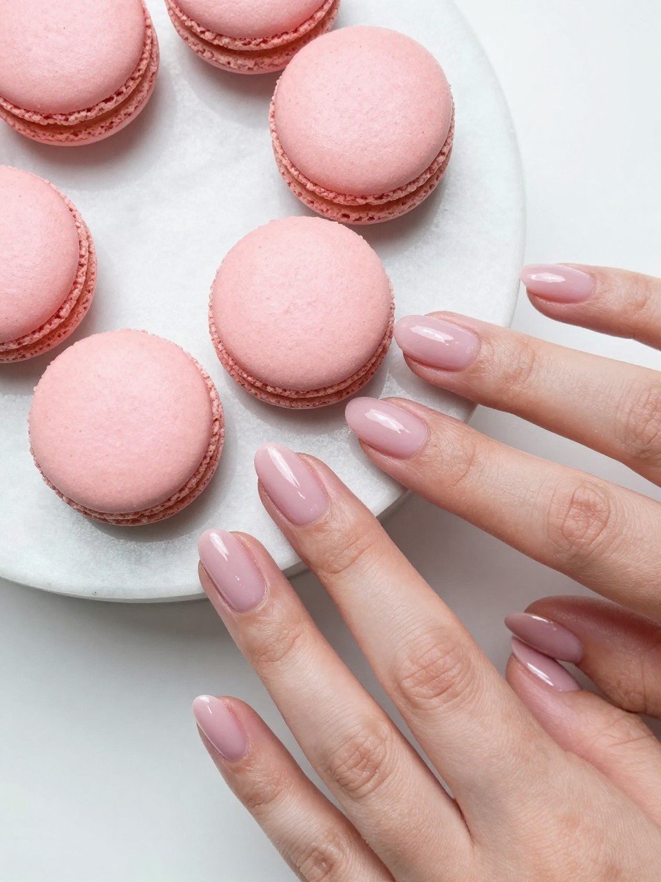 Bird's-eye view of hands next to a delicate pink macaron on a marble pastry stand. The nails are a medium almond shape with a frosted pink base and a super-glossy, sugary top coat. The light reflects perfectly off the glossy surface.