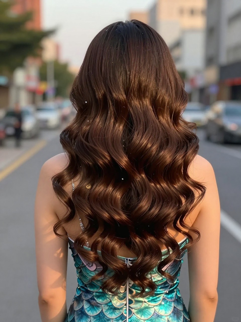 Photo of a woman wearing mermaid waves styled with a wand, back-of-head view showing the defined waves, setting is a blurred city street background, golden hour light, containing statement earrings visible through the waves, iPhone photo quality.