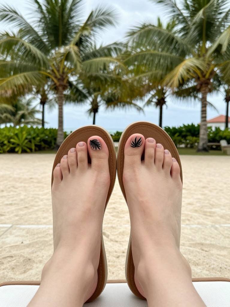 Overhead view of feet in comfortable sandals on a deck overlooking palm trees. The toenails are a sheer nude. Each big toe features a clean black palm leaf silhouette. The setting is relaxed and resort-like.