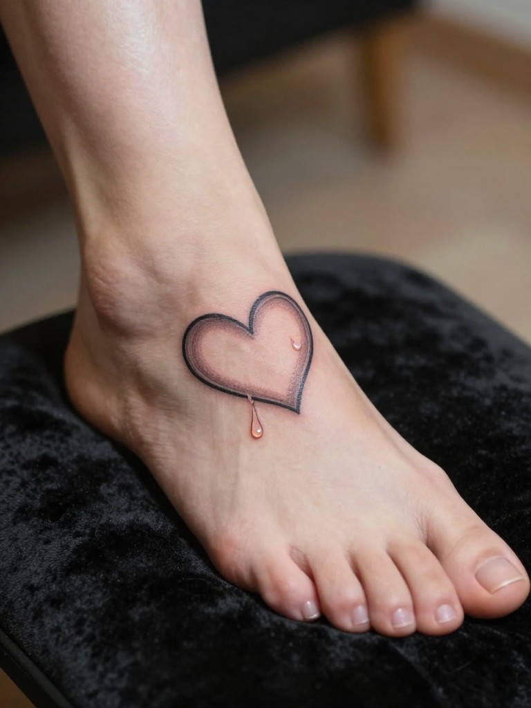 Macro shot of a heart tattoo on a woman's ankle with a single detailed tear falling from its curve. The foot is pointed on a black velvet cushion. Soft, melancholic lighting. Emotional and delicate.