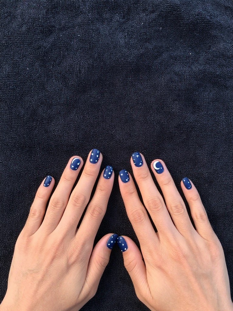 Bird's-eye view of hands resting on a dark beach towel, the incredible starry sky visible above. The nails are a matte navy blue. Each nail is dotted with tiny white stars, and the ring fingers have a small crescent moon.