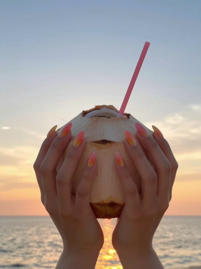 Bird's-eye view of hands holding a coconut drink against an actual sunset sky. The almond nails feature a stunning horizontal ombré blending pink, orange, and yellow seamlessly. The fading natural sunset light complements the manicure perfectly.