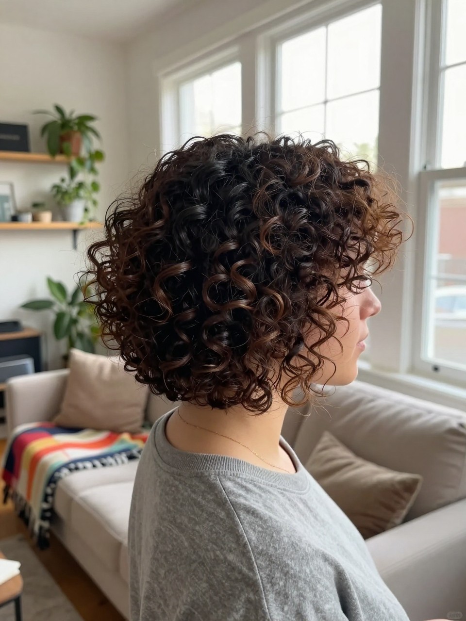 Photo of curly choppy bob, profile shot showing curl definition, in a brightly lit living room with plants on a shelf, soft morning light from large windows, containing a colorful throw blanket on the couch, iPhone photo quality.