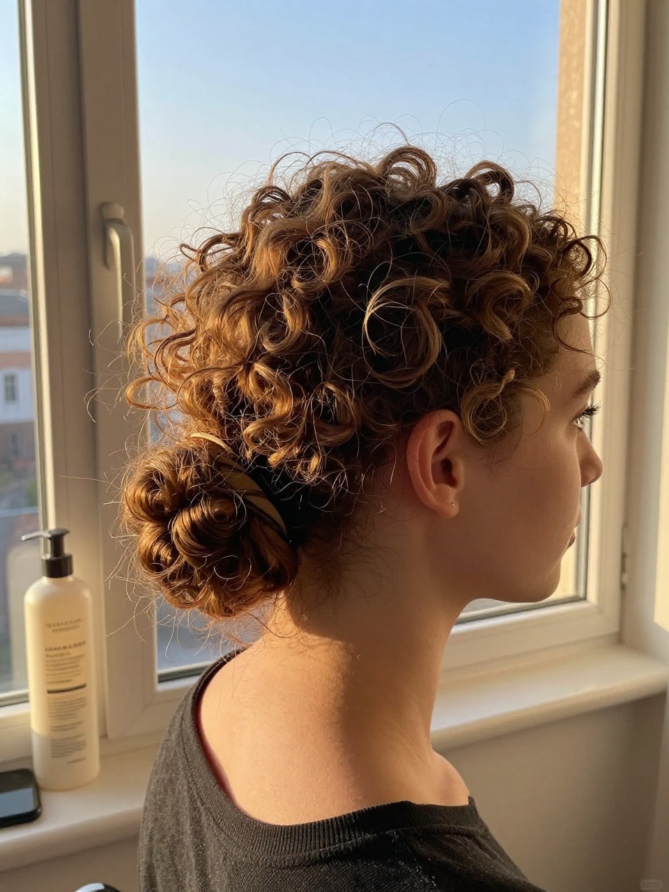 Photo of a white girl wearing a low curly pony with a wrapped base, side profile view focusing on the wrapped elastic detail, in golden hour lighting by a window, containing a bottle of smoothing serum on the windowsill, iPhone photo quality.