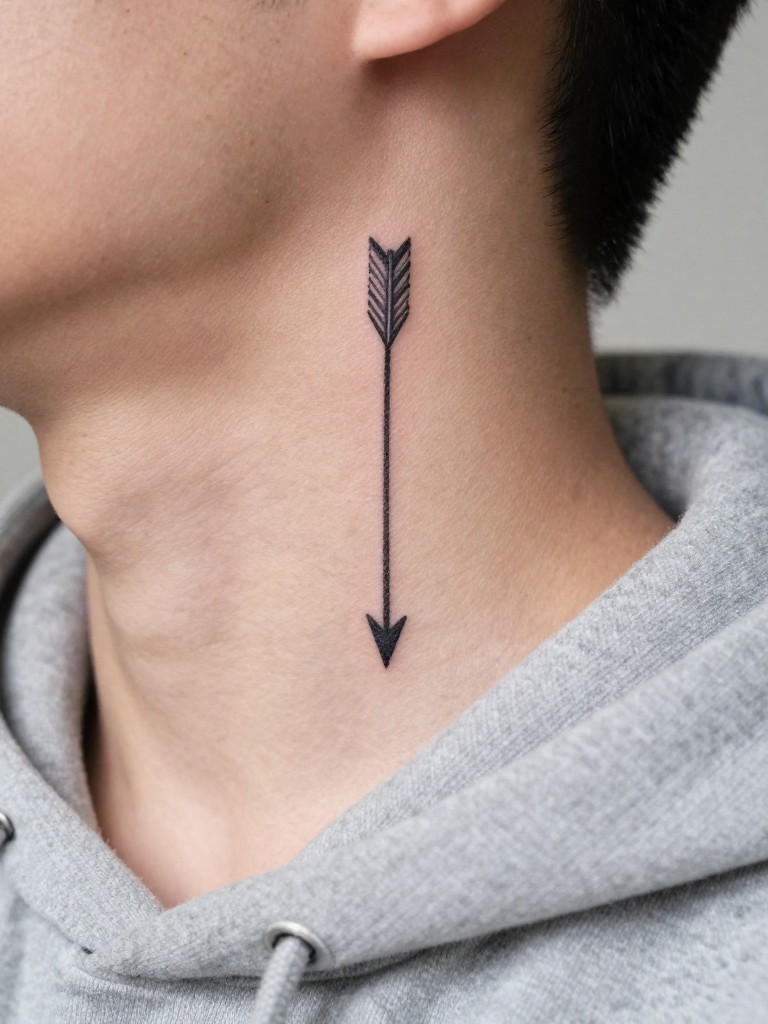 Macro shot of a single, thin arrow tattoo on the side of the neck, pointing downwards. The clean, straight line and fletching detail are the focus. He is wearing a soft, grey hoodie. Even, natural light that clearly defines the tattoo.