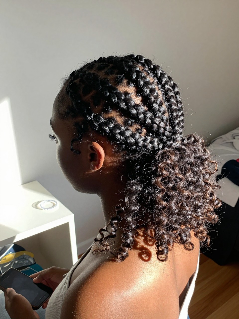 Photo of a black girl wearing a braided crown with loose curls, back-of-head view showing the braids crossing and pinned, in a sun-drenched bedroom with natural light, containing a small clear elastic on her nightstand, iPhone photo quality.