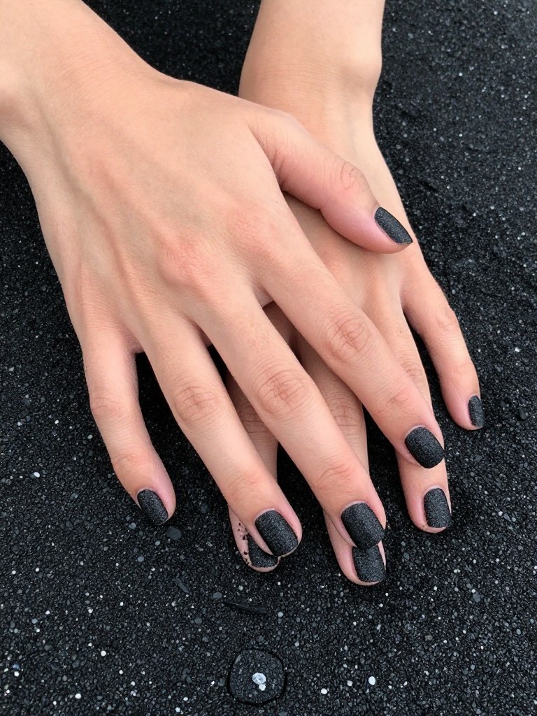 Overhead shot of hands resting on a rare black sand beach, dark grains sticking to fingers. The nails are short and square, covered in a textured, matte black sandy polish. The contrast with the black sand is striking.