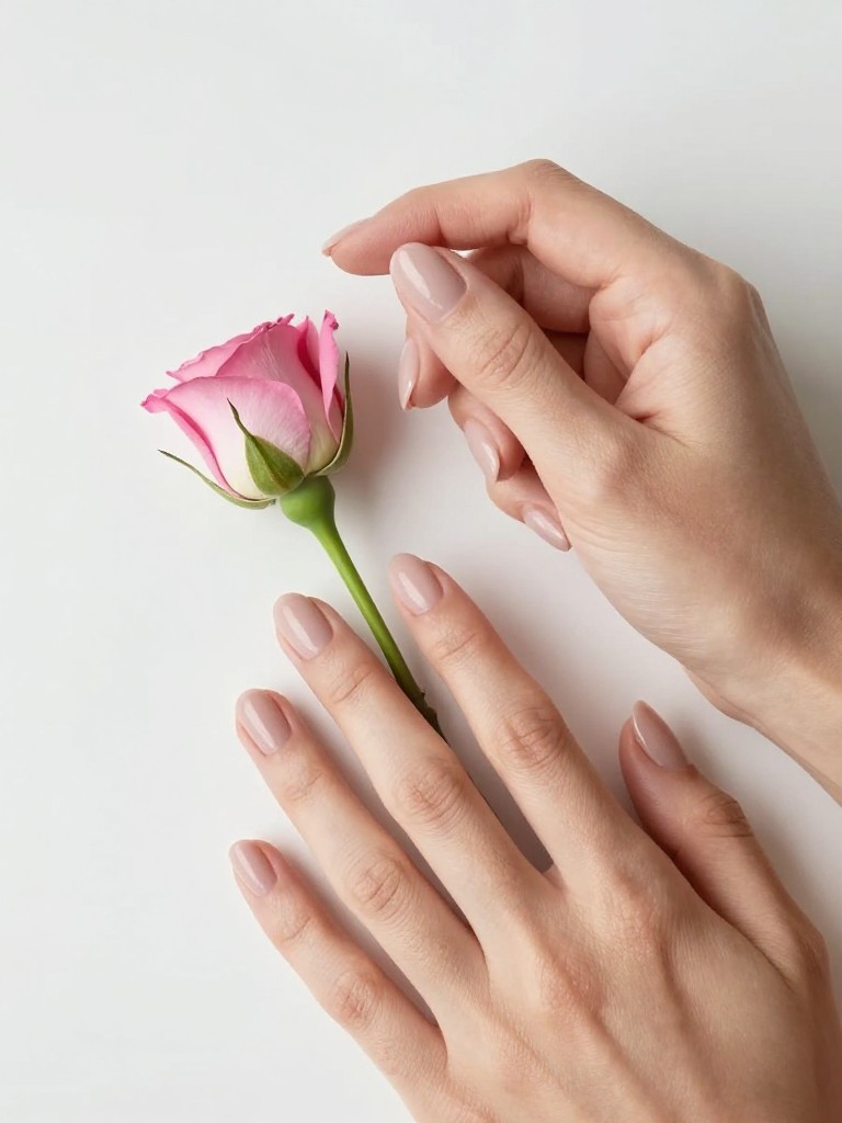  Overhead view of hands with one hand lightly touching a single fresh flower bud. The gel nails are a flawless nude. Only the ring fingers bear a tiny, simple pink rosebud with a green leaf. The elegance is in the restraint.