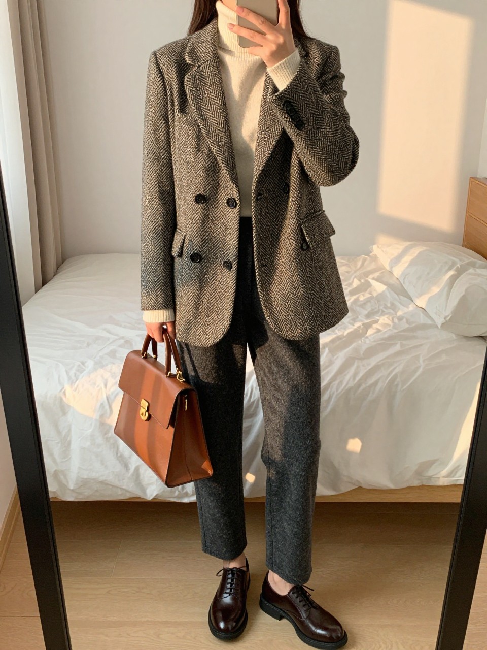 iPhone mirror selfie of a woman in a herringbone tweed blazer over a cream turtleneck with charcoal wool trousers and oxford shoes, holding a leather satchel, cropped at NECK so face doesn't show, in a feminine-themed bedroom, evening golden hour, iPhone photo quality.
