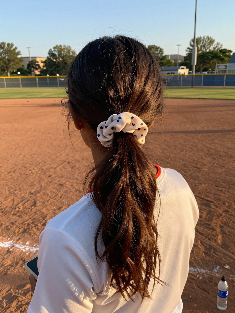Photo of a black girl wearing a low ponytail on a softball field, back-of-head view showing the scrunchie and placement, in golden hour light with a fence in the background, containing a water bottle on the ground nearby, iPhone photo quality.