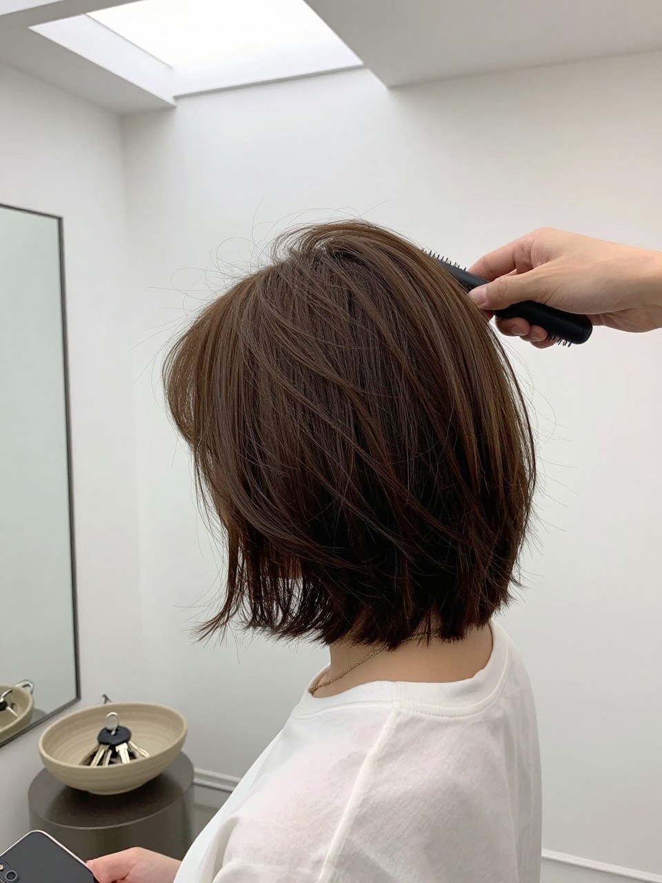 Photo of choppy bob with wispy ends, hand brushing hair back candid shot, in a minimalist entryway with a mirror and small table, natural bright light from a skylight, containing keys dropped in a ceramic bowl, iPhone photo quality.