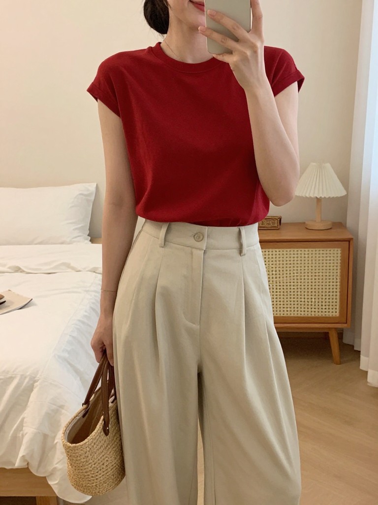 iPhone mirror selfie of a woman in a red top tucked into beige wide leg pants with a straw tote, holding phone at side with slight smile (cropped), cropped at NECK so face doesn't show, in a bright feminine-themed bedroom, warm moody lighting, iPhone photo quality.