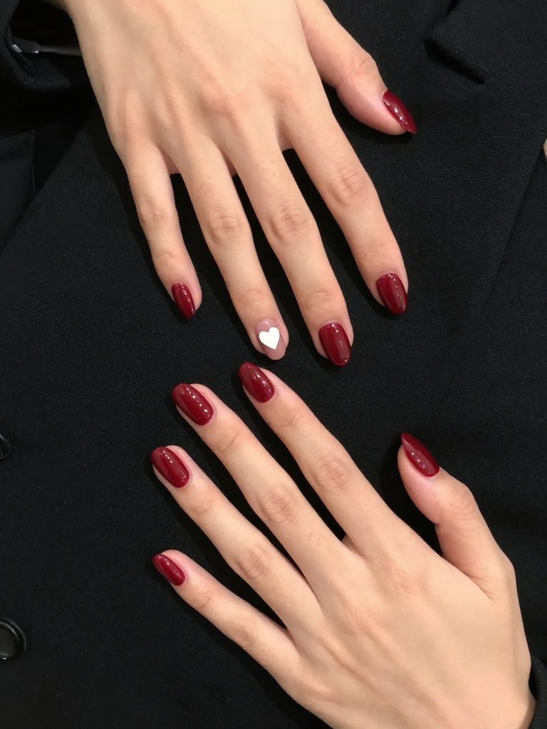 Overhead, top-down view of feminine hands with medium, trendy oval nails resting on a black wool blazer. The nails are coated in a deep, glossy cherry red. On the ring finger, a single, opaque white heart is centered near the cuticle. The lighting is clean and bright, highlighting the stark contrast. The mood is classic, baddie-like, confident, and chic.